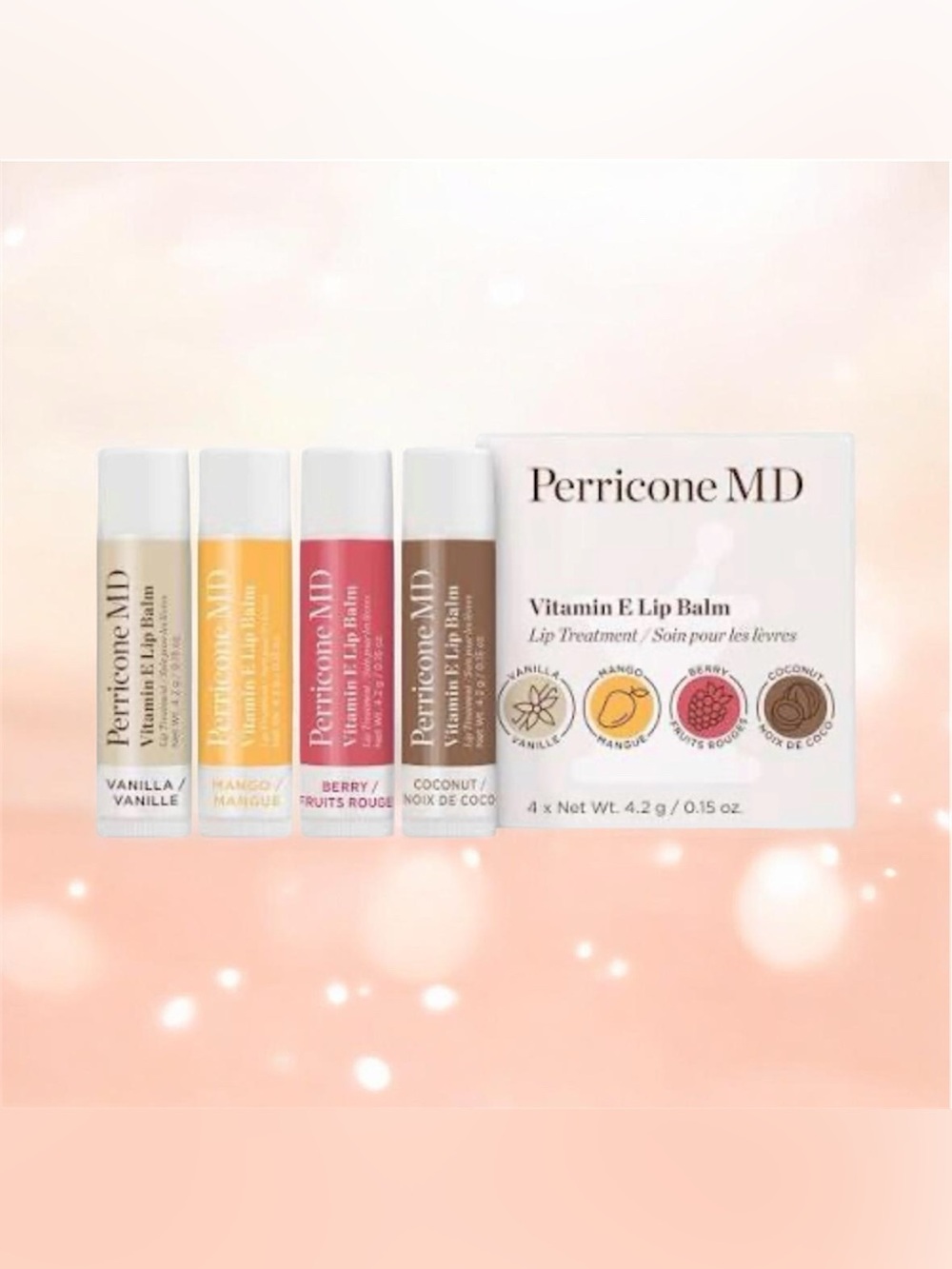 Perricone MD Vitamin E Lip Balm Set 4-Pack Vanilla Mango Berry Coconut NIB New